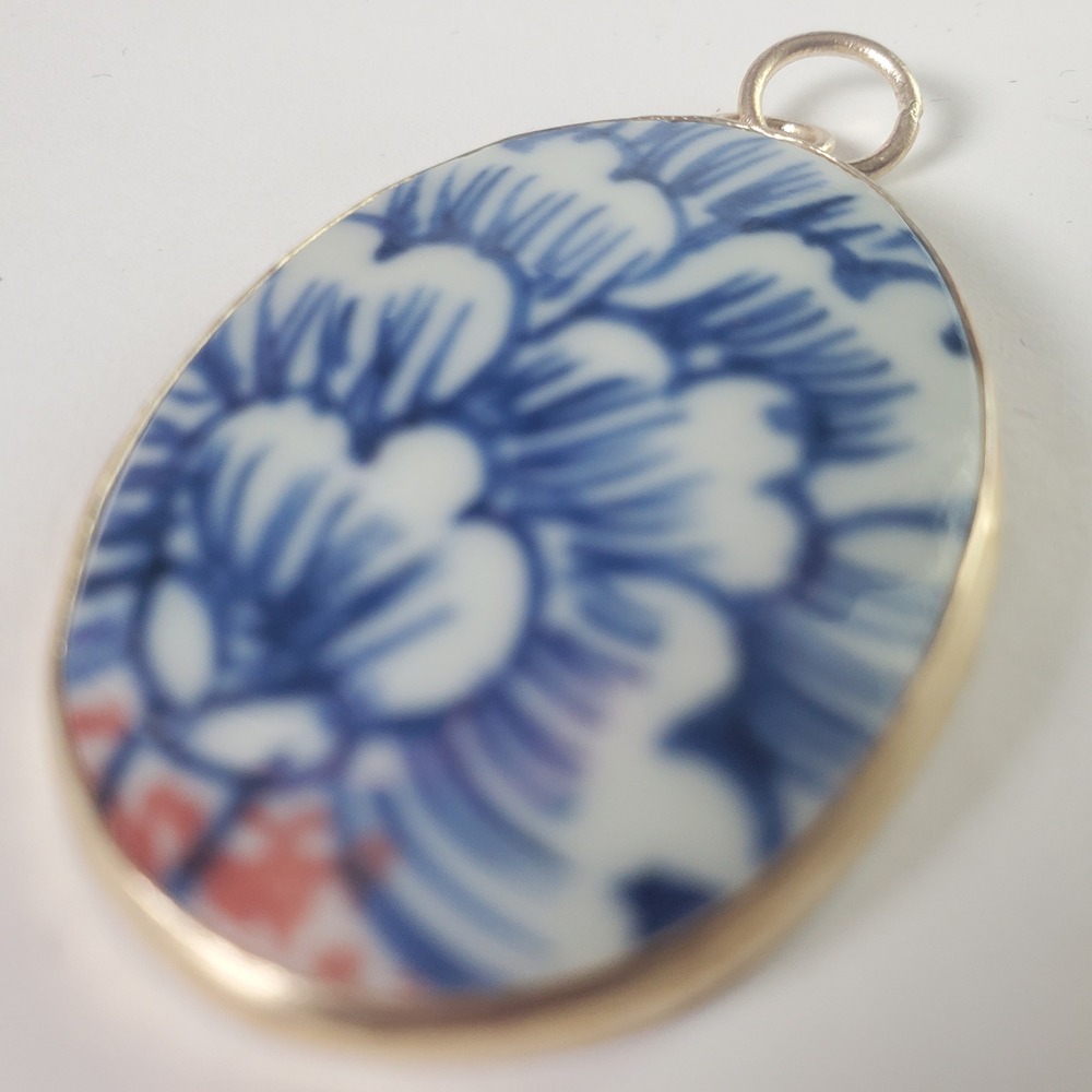 Blue & White Porcelain Floral Oval Pendant Broken‎ China Chinoiserie Jewelry - Picture 9 of 10